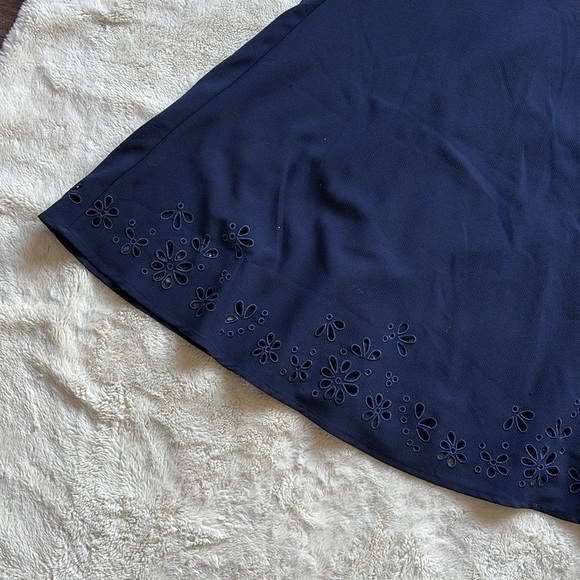 Tanjay Blue A-Line Midi Skirt with Floral Eyelet Hem | Classic Summer Core Style - Picture 3 of 6